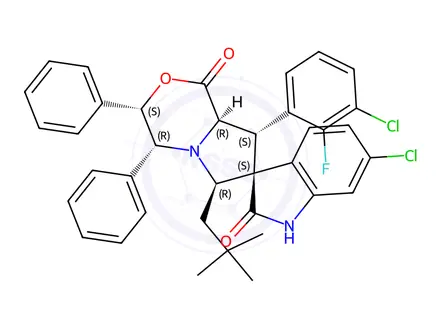 Chemical structure of (3S,3'S,4'R,6'R,8'S,8'aR)-6-Chloro-8'-(3-chloro-2-fluorophenyl)-6'-(2,2-dimethylpropyl)-3',4',8',8'a-tetrahydro-3',4'-diphenylspiro[3H-indole-3,7'(6'H)-[1H]pyrrolo[2,1-c][1,4]oxazine]-1',2(1H)-dione