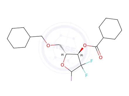 Chemical structure of [(2R,3R)-2-(benzyloxymethyl)-4,4-difluoro-5-iodo-tetrahydrofuran-3-yl] benzoate