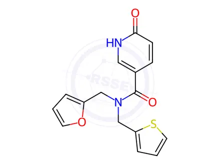 Chemical structure of N-(Furan-2-ylmethyl)-6-hydroxy-N-(thiophen-2-ylmethyl)nicotinamide