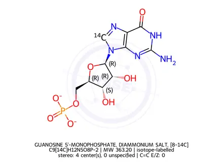 Chemical structure of GUANOSINE 5'-MONOPHOSPHATE, DIAMMONIUM SALT, [8-14C]