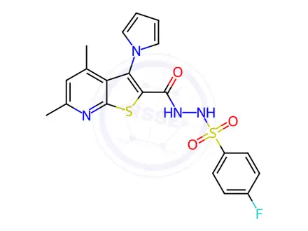 Chemical structure of N'-(4,6-dimethyl-3-(1H-pyrrol-1-yl)thieno[2,3-b]pyridine-2-carbonyl)-4-fluorobenzenesulfonohydrazide