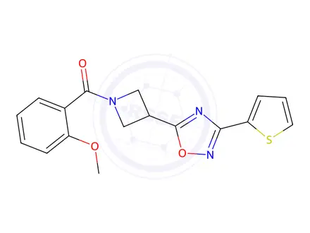 Chemical structure of (2-Methoxyphenyl)(3-(3-(thiophen-2-yl)-1,2,4-oxadiazol-5-yl)azetidin-1-yl)methanone