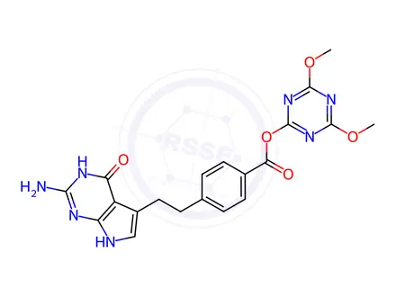 Chemical structure of 4,6-Dimethoxy-1,3,5-triazin-2-yl 4-(2-(2-amino-4-oxo-4,7-dihydro-3H-pyrrolo[2,3-d]pyrimidin-5-yl)ethyl)benzoate
