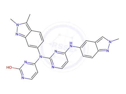 Chemical structure of 4-((2,3-Dimethyl-2H-indazol-6-yl)(4-((2-methyl-2H-indazol-5-yl)amino)pyrimidin-2-yl)amino)pyrimidin-2-ol
