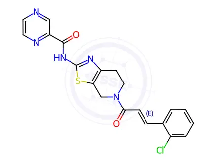 Chemical structure of N-(5-(3-(2-Chlorophenyl)acryloyl)-4,5,6,7-tetrahydrothiazolo[5,4-c]pyridin-2-yl)pyrazine-2-carboxamide
