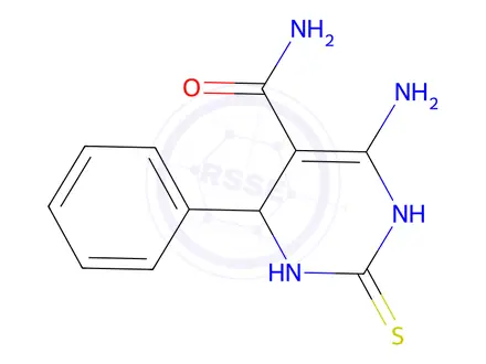 Chemical structure of 6-Amino-4-phenyl-2-thioxo-1,2,3,4-tetrahydro-pyrimidine-5-carboxylic acid amide