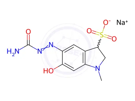 Chemical structure of sodium 5-[(aminocarbonyl)hydrazono]-2,3,5,6-tetrahydro-1-methyl-6-oxo-1H-indole-3-sulphonate