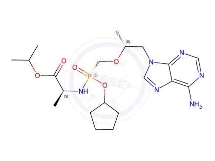 Chemical structure of isopropyl ((S)-((((R)-1-(6-amino-9H-purin-9-yl)propan-2-yl)oxy)methyl)(cyclopentyloxy)phosphoryl)-L-alaninate