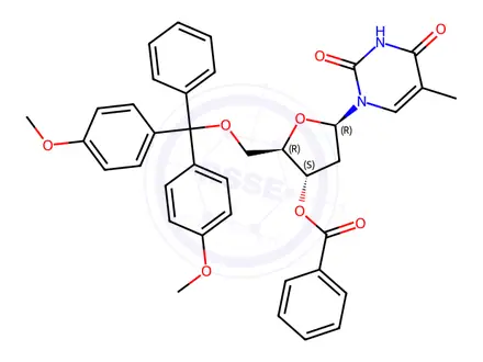 Chemical structure of 5'-O-(p,p'-dimethoxytrityl)thymidine 3'-benzoate