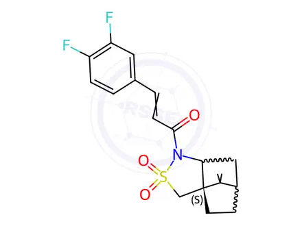 Chemical structure of (E)-3-(3,4-Difluorophenyl)-1-((3aS,6R,7aR)-8,8-dimethyl-2,2-dioxidohexahydro-1H-3a,6-methanobenzo[c]isothiazol-1-yl)prop-2-en-1-one