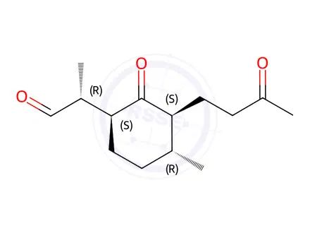 Chemical structure of (R)-2-((1S,3S,4R)-4-Methyl-2-oxo-3-(3-oxobutyl)cyclohexyl)propanal