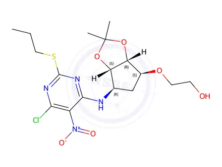 Chemical structure of 2-(((3aR,4S,6R,6aS)-6-((6-chloro-5-nitro-2-(propylthio)pyrimidin-4-yl)amino)-2,2-dimethyltetrahydro-4H-cyclopenta[d][1,3]dioxol-4-yl)oxy)ethan-1-ol