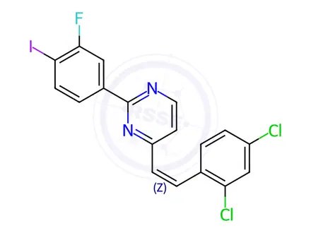 Chemical structure of 4-[(Z)-2-(2,4-Dichlorophenyl)ethenyl]-2-(3-fluoro-4-iodophenyl)pyrimidine