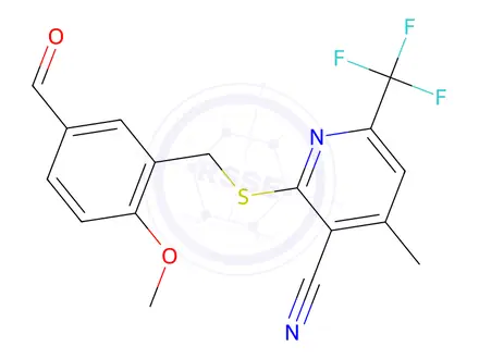 Chemical structure of 2-((5-Formyl-2-methoxybenzyl)thio)-4-methyl-6-(trifluoromethyl)nicotinonitrile
