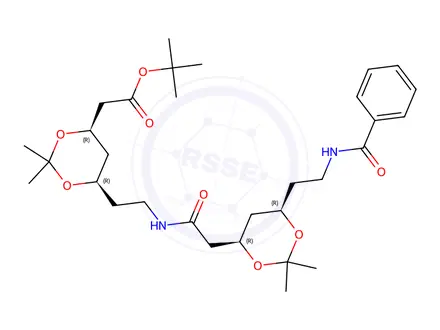 Chemical structure of tert-butyl 2-((4R,6R)-6-(2-(2-((4R,6R)-6-(2-benzamidoethyl)-2,2-dimethyl-1,3-dioxan-4-yl)acetamido)ethyl)-2,2-dimethyl-1,3-dioxan-4-yl)acetate