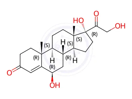 Chemical structure of Pregn-4-ene-3,20-dione, 6,17,21-trihydroxy-, (6β)