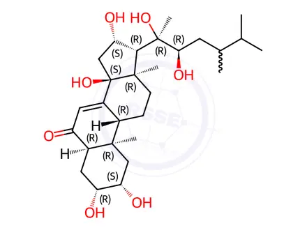 Chemical structure of Ergost-7-en-6-one, 2,3,14,16,20,22-hexahydroxy-, (2β,3β,5β,16β,22R,24ξ)-