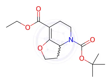 Chemical structure of Furo[3,2-b]pyridine-4,7(2H)-dicarboxylic acid, 3,3a,5,6-tetrahydro-, 4-(1,1-dimethylethyl) 7-ethyl ester