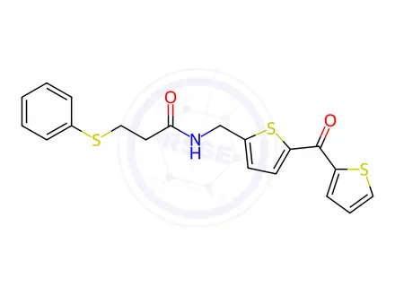 Chemical structure of 3-(Phenylthio)-N-((5-(thiophene-2-carbonyl)thiophen-2-yl)methyl)propanamide