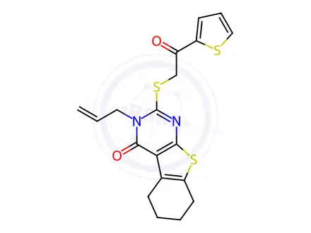 Chemical structure of 3-allyl-2-{[2-oxo-2-(2-thienyl)ethyl]sulfanyl}-5,6,7,8-tetrahydro[1]benzothieno[2,3-d]pyrimidin-4(3H)-one