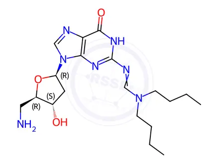 Chemical structure of N'-(9-((2R,4S,5R)-5-(Aminomethyl)-4-hydroxytetrahydrofuran-2-yl)-6-oxo-6,9-dihydro-1H-purin-2-yl)-N,N-dibutylformimidamide
