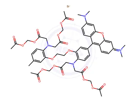 Chemical structure of 9-[4-[Bis[2-[(acetyloxy)methoxy]-2-oxoethyl]amino]-3-[2-[2-[bis[2-[(acetyloxy)methoxy]-2-oxoethyl]amino]-5-methylphenoxy]ethoxy]phenyl]-3,6-bis(dimethylamino)xanthylium Bromide