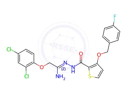 Chemical structure of N'-[2-(2,4-Dichlorophenoxy)ethanimidoyl]-3-[(4-fluorophenyl)methoxy]thiophene-2-carbohydrazide