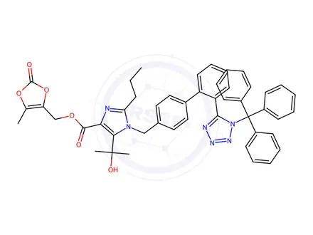 Chemical structure of (5-Methyl-2-oxo-1,3-dioxol-4-yl)methyl 5-(2-hydroxypropan-2-yl)-2-propyl-1-((2'-(1-trityl-1H-tetrazol-5-yl)-[1,1'-biphenyl]-4-yl)methyl)-1H-imidazole-4-carboxylate