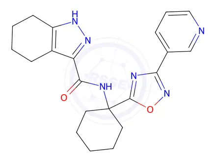 Chemical structure of N-(1-(3-(pyridin-3-yl)-1,2,4-oxadiazol-5-yl)cyclohexyl)-4,5,6,7-tetrahydro-1H-indazole-3-carboxamide
