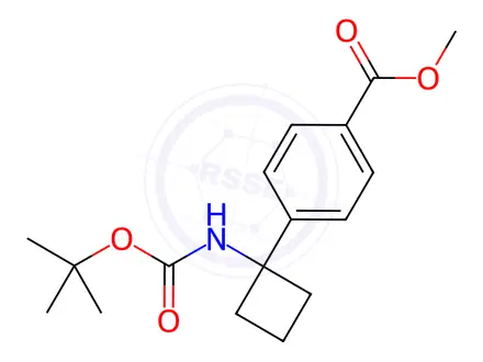Chemical structure of Benzoic acid, 4-[1-[[(1,1-dimethylethoxy)carbonyl]amino]cyclobutyl]-, methyl ester