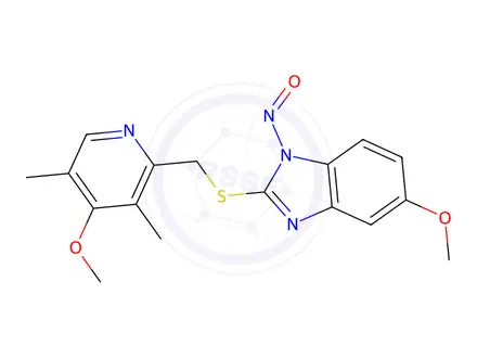 Chemical structure of 5-methoxy-2-(((4-methoxy-3,5-dimethylpyridin-2-yl)methyl)thio)-1-nitroso-1H-benzo[d]imidazole