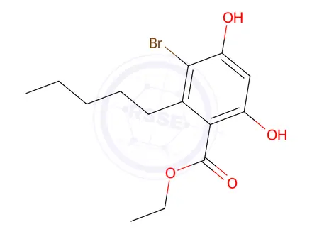Chemical structure of ethyl-3-bromo-4,6-dihydroxy-2-pentylbenzoate