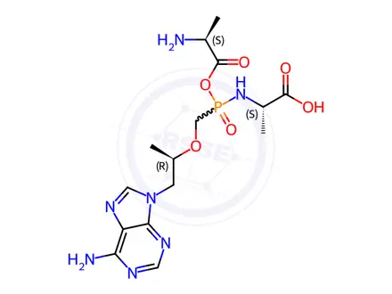 Chemical structure of (((L-alanyl)oxy)((((R)-1-(6-amino-9H-purin-9-yl)propan-2-yl)oxy)methyl)phosphoryl)-L-alanine