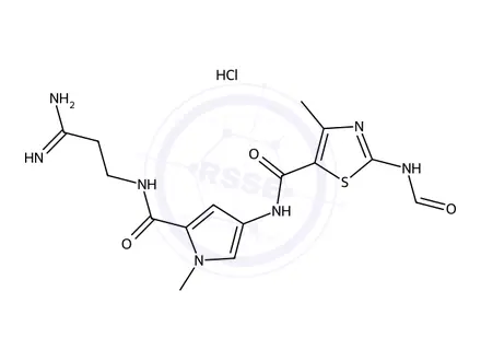 Chemical structure of N-(5-((3-Amino-3-iminopropyl)carbamoyl)-1-methyl-1H-pyrrol-3-yl)-2-formamido-4-methylthiazole-5-carboxamide hydrochloride