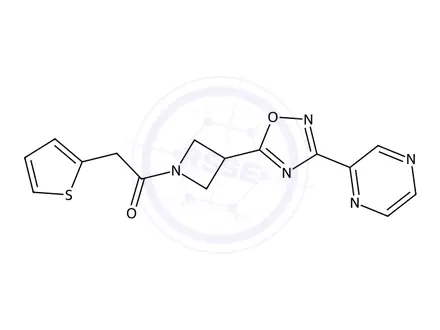 Chemical structure of 1-(3-(3-(Pyrazin-2-yl)-1,2,4-oxadiazol-5-yl)azetidin-1-yl)-2-(thiophen-2-yl)ethan-1-one
