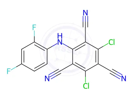 Chemical structure of 2,4-Dichloro-6-[(2,4-difluorophenyl)amino]-1,3,5-benzenetricarbonitrile