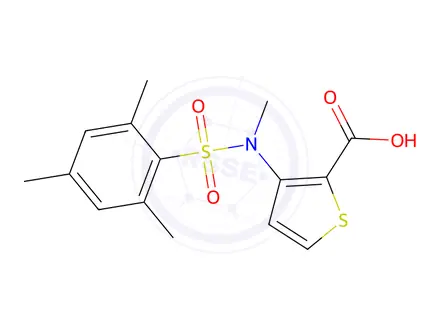 Chemical structure of 3-((N,2,4,6-tetramethylphenyl)sulfonamido)thiophene-2-carboxylic acid