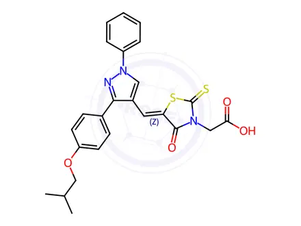 Chemical structure of 2-(5-((3-(4-Isobutoxyphenyl)-1-phenyl-1H-pyrazol-4-yl)methylene)-4-oxo-2-thioxothiazolidin-3-yl)acetic acid