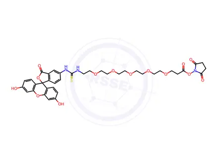 Chemical structure of 2,5-Dioxopyrrolidin-1-yl 1-((3',6'-dihydroxy-3-oxo-3H-spiro[isobenzofuran-1,9'-xanthen]-5-yl)amino)-1-thioxo-5,8,11,14,17-pentaoxa-2-azaicosan-20-oate