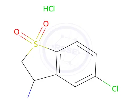 Chemical structure of 5-Chloro-3-(methylamino)-2,3-dihydro-1lambda6-benzothiophene-1,1-dione hydrochloride