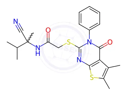 Chemical structure of N-(2-Cyano-3-methylbutan-2-yl)-2-((5,6-dimethyl-4-oxo-3-phenyl-3,4-dihydrothieno[2,3-d]pyrimidin-2-yl)thio)acetamide