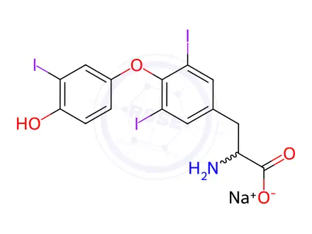 Chemical structure of Alanine, 3-[4-(4-hydroxy-3-iodophenoxy)-3,5-diiodophenyl]-, monosodium salt (8CI)