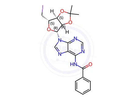 Chemical structure of Adenosine, N-benzoyl-5'-deoxy-5'-iodo-2',3'-O-(1-methylethylidene)-(9CI)