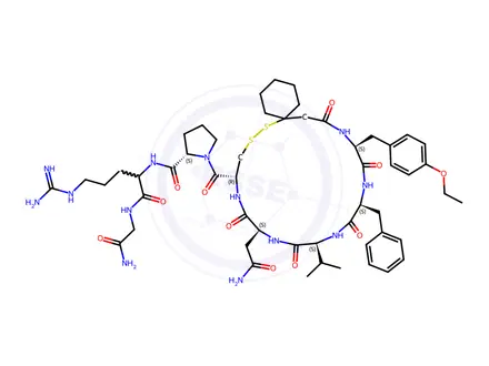 Chemical structure of 1-(1-mercaptocyclohexaneacetic acid)-2-(O-ethyl-L-tyrosine)-4-L-valine-8-L-arginine-Vasopressin