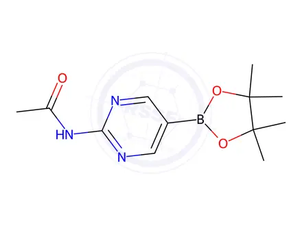 Chemical structure of N-(5-(4,4,5,5-Tetramethyl-1,3,2-dioxaborolan-2-yl)pyrimidin-2-yl)acetamide