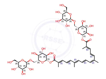 Chemical structure of bis((2S,3R,4S,5S,6R)-3,4,5-trihydroxy-6-((((2R,3R,4S,5S,6R)-3,4,5-trihydroxy-6-(hydroxymethyl)tetrahydro-2H-pyran-2-yl)oxy)methyl)tetrahydro-2H-pyran-2-yl) (2E,4E,6Z,8E,10E,12E,14E)-2,6,11,15-tetramethylhexadeca-2,4,6,8,10,12,14-heptaenedioate