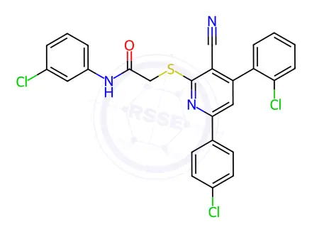 Chemical structure of N-(3-chlorophenyl)-2-((4-(2-chlorophenyl)-6-(4-chlorophenyl)-3-cyanopyridin-2-yl)thio)acetamide