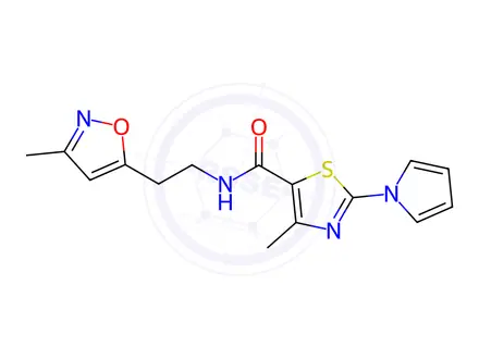 Chemical structure of 4-Methyl-N-(2-(3-methylisoxazol-5-yl)ethyl)-2-(1H-pyrrol-1-yl)thiazole-5-carboxamide