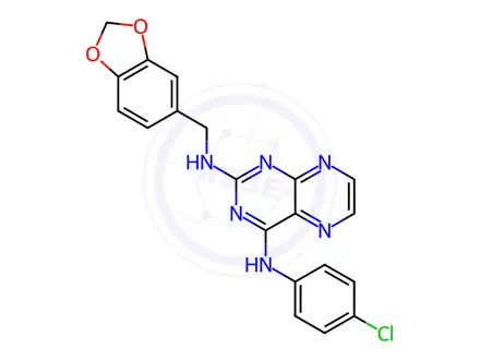 Chemical structure of 2-N-(1,3-benzodioxol-5-ylmethyl)-4-N-(4-chlorophenyl)pteridine-2,4-diamine