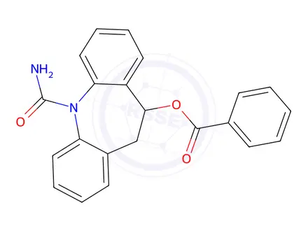 Chemical structure of 5-Carbamoyl-10,11-dihydro-5H-dibenzo[b,f]azepin-10-yl benzoate